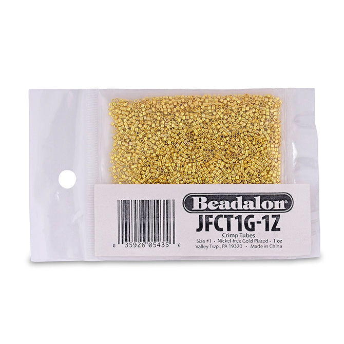 Crimp Tubes, Size #1, 0.8 mm (.031 in) I.D., 1.3 mm (.051 in) O.D., Gold Color, 1 oz (28.35 g), appx. 4,500 pc. Use Micro Crimper Tool with wire 0.25-0.33 mm (.010 -.013 in)